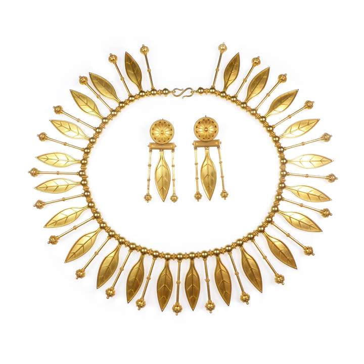 Gold Etruscan revival leaf fringe necklace and earrings en suite